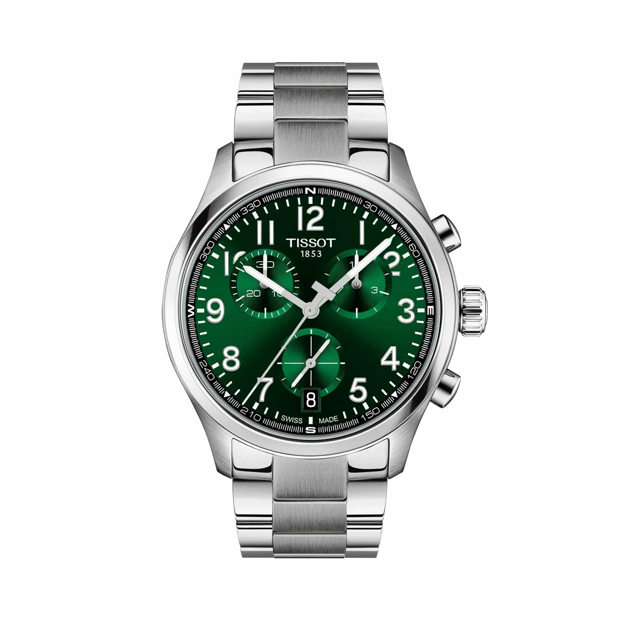 Tissot Chrono XL Quartz Chronograph men’s 42mm watch featuring a green dial, stainless steel case, chronograph subdials and matching stainless steel bracelet.