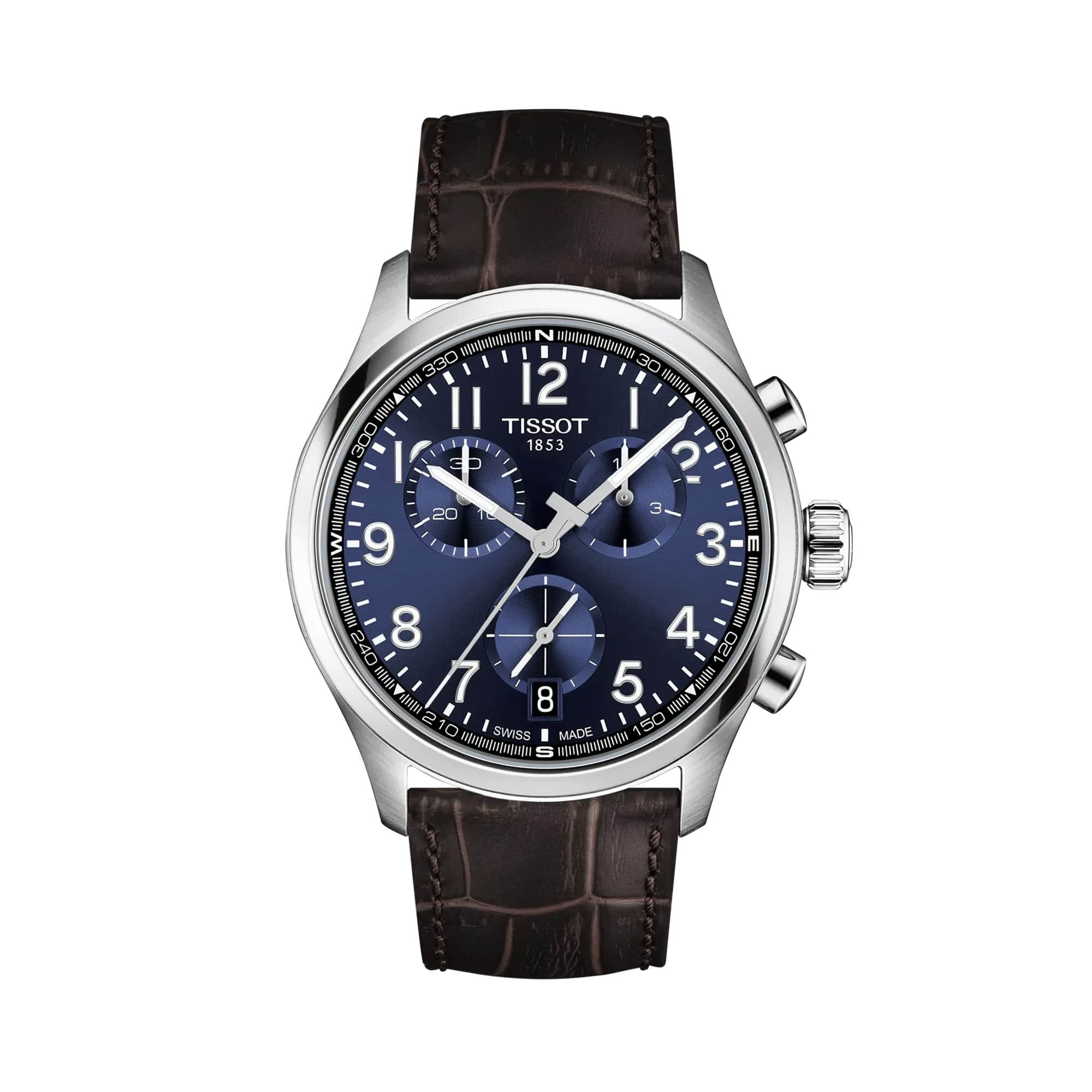 Tissot Chrono L 42mm T116.417.16.042.00 men’s chronograph watch with blue dial, stainless steel case, luminous hands, chronograph sub-dials, date display, and brown textured leather strap.