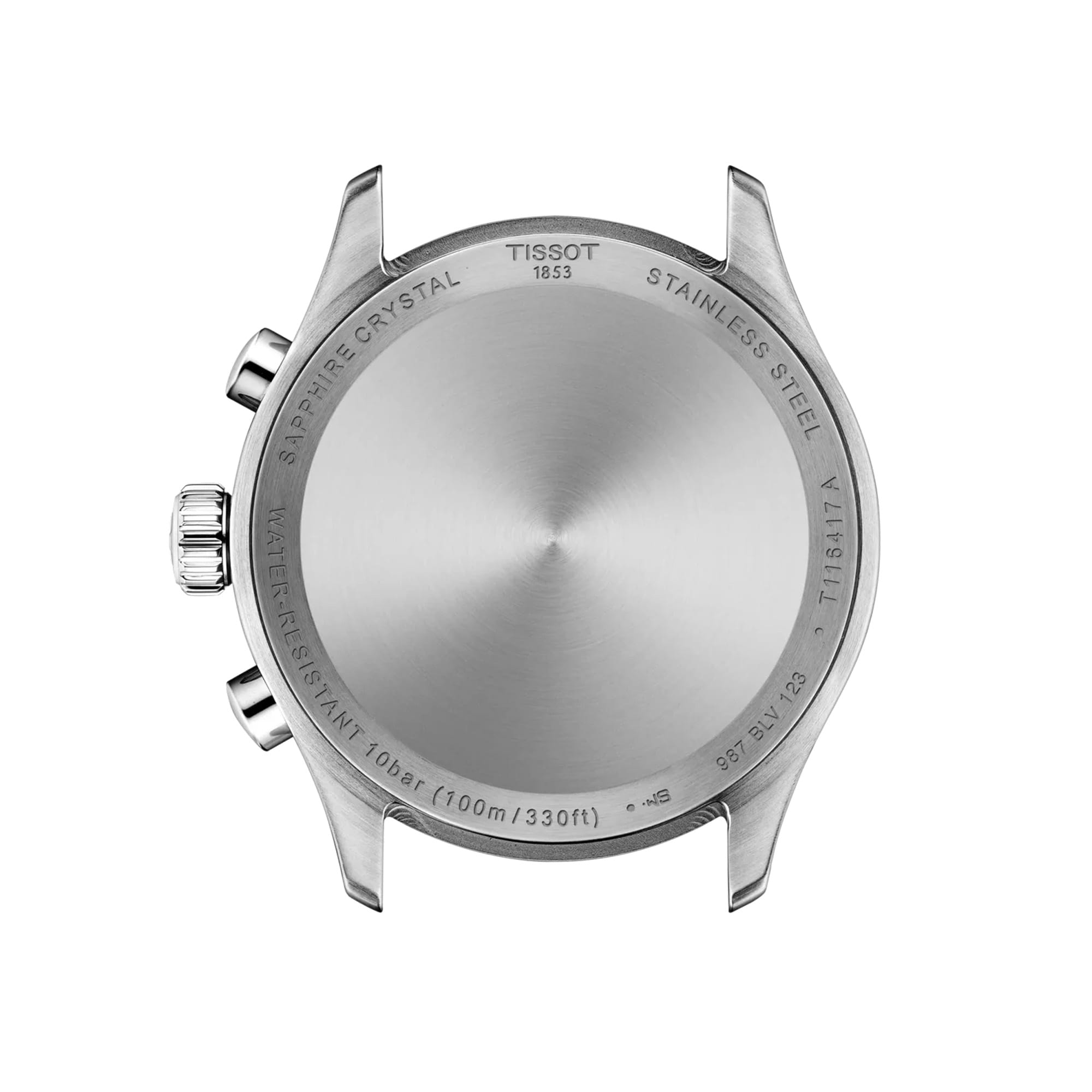 Rear view of the Tissot Chrono L 42mm T116.417.16.042.00 showing the engraved stainless steel case back