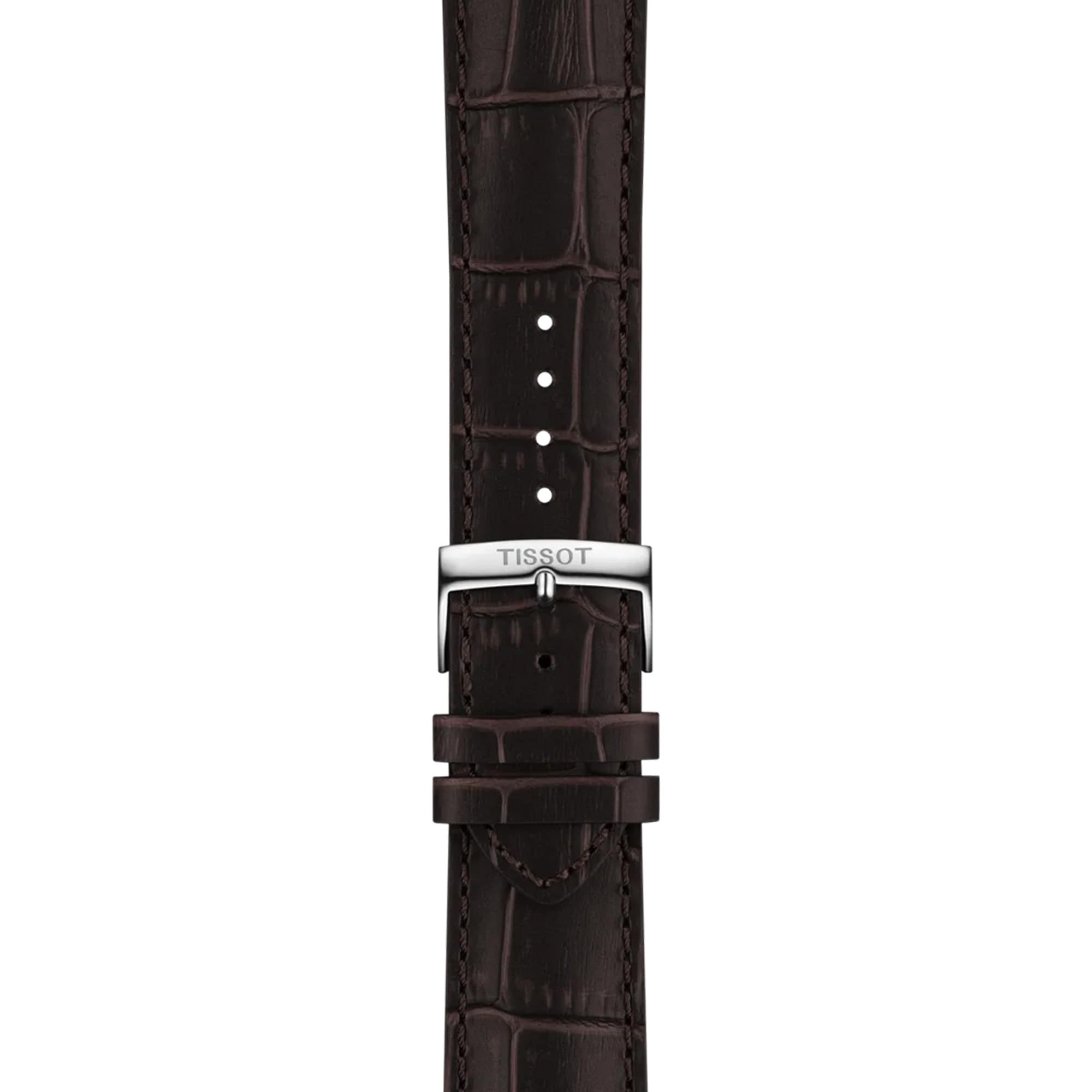 Close-up of the Tissot Chrono L 42mm T116.417.16.042.00 brown textured leather strap with stainless steel pin buckle
