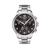 Tissot Chrono XL Classic 45mm T116.617.11.057.01 front view – black dial, silver stainless steel case, Arabic numeral hour markers, Super-LumiNova® hands, chronograph subdials, date window, grey stainless steel bracelet