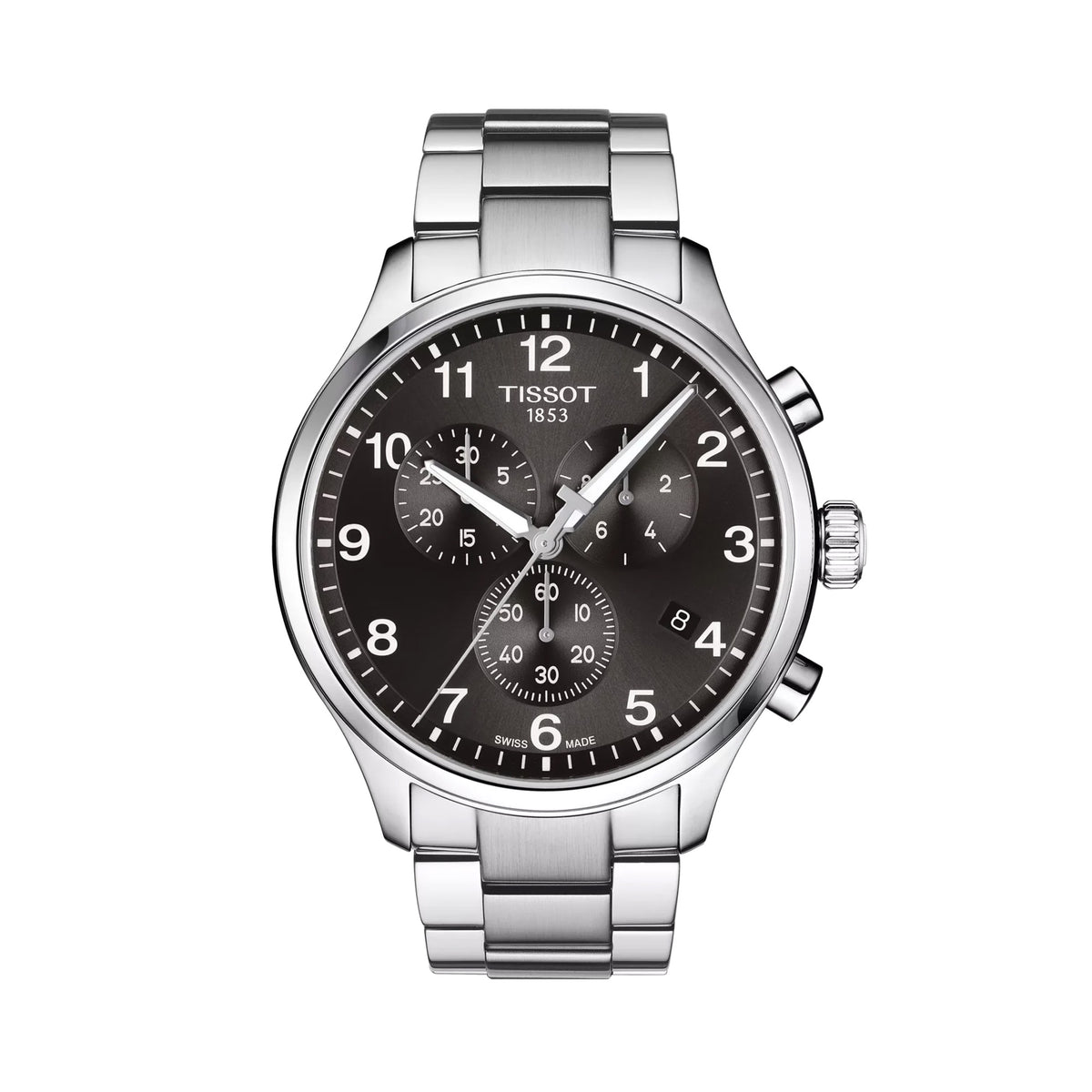 Tissot Chrono XL Classic 45mm T116.617.11.057.01 front view – black dial, silver stainless steel case, Arabic numeral hour markers, Super-LumiNova® hands, chronograph subdials, date window, grey stainless steel bracelet