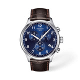 Tissot Chrono XL Classic 45mm T116.617.16.047.00 front view – blue sunburst dial, 316L stainless steel case, Arabic numerals and index hour markers, Super-LumiNova® hands, chronograph subdials, date window, brown leather strap