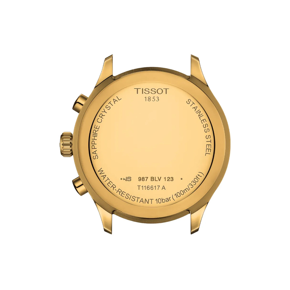 Tissot Chrono XL Classic 45mm T116.617.33.051.00 caseback view – 316L stainless steel with yellow gold PVD coating, Swiss made, water resistant to 100m, model reference T116.617.33.051.00