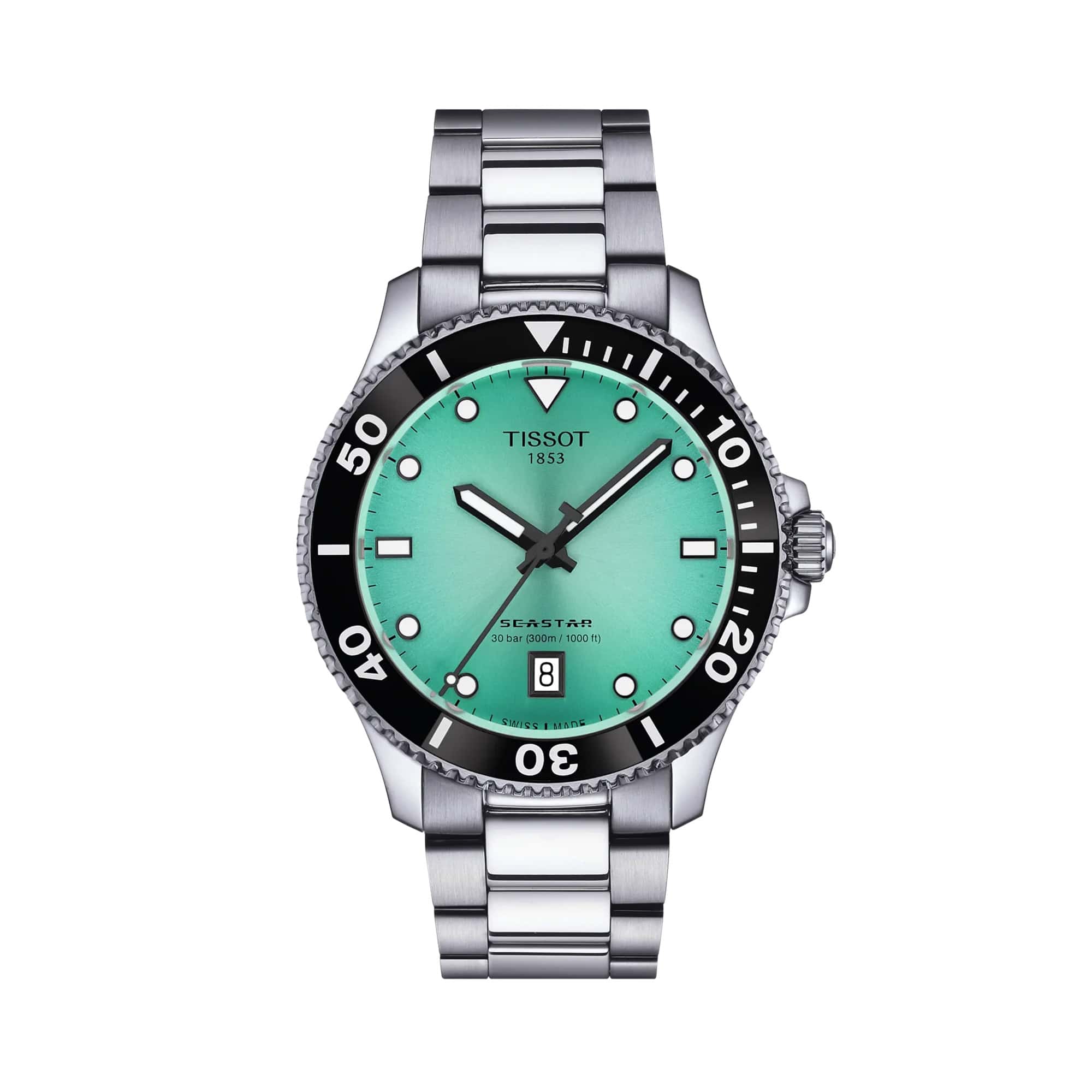 Tissot Seastar 1000 40mm T120.410.11.091.00 front view – turquoise dial, silver stainless steel case, mineral bezel ring with anti-clockwise rotating bezel, index hour markers, grey stainless steel bracelet
