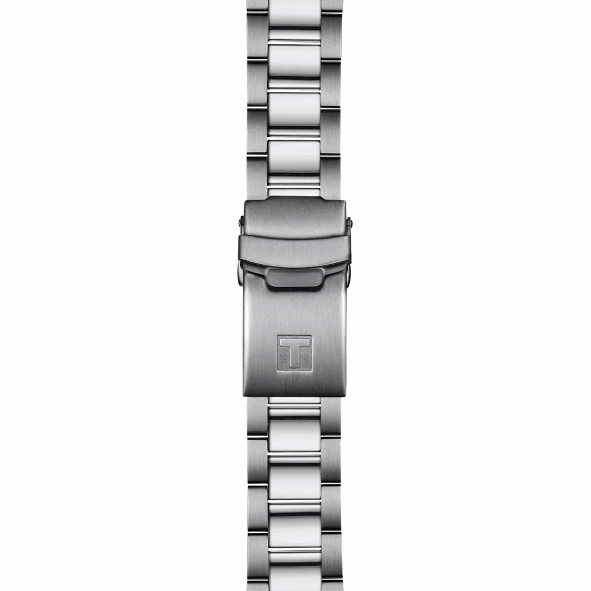 Tissot Seastar 1000 40mm T120.410.11.091.00 bracelet detail – grey stainless steel bracelet with folding clasp, safety lock, push-buttons and interchangeable quick-release system