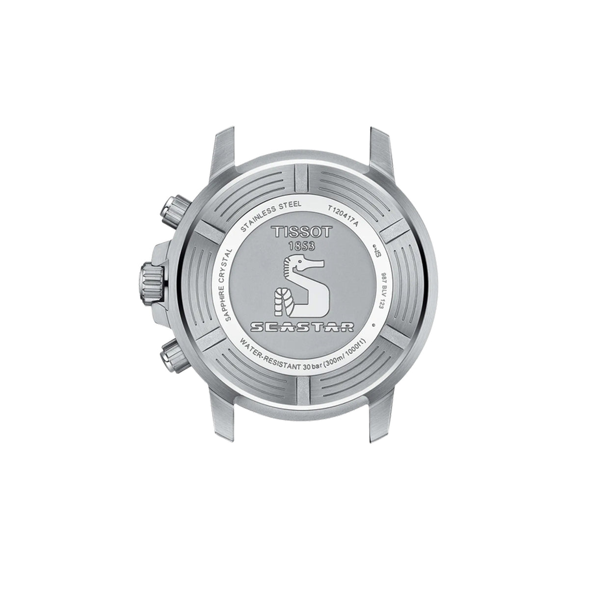 Tissot Seastar 1000 45.5mm T120.417.11.041.03 caseback view – 316L stainless steel screw-down caseback, Swiss made quartz chronograph movement, water resistant to 300m, model reference T120.417.11.041.03