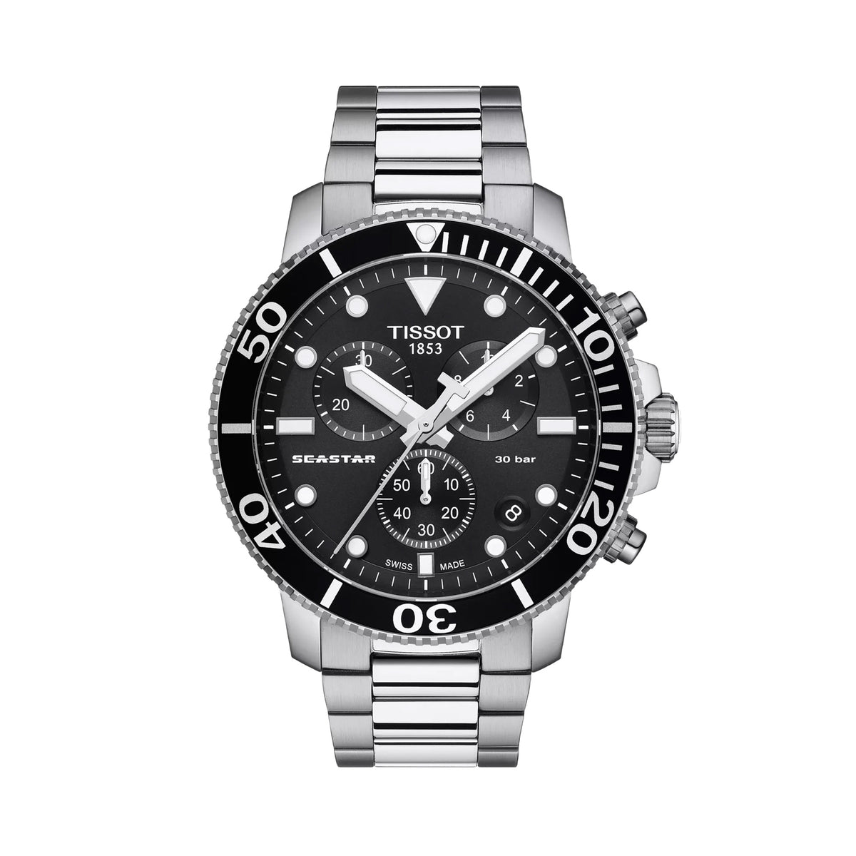 Tissot Seastar 1000 45.5mm T120.417.11.051.00 front view – black dial, 316L stainless steel case, anti-clockwise rotating aluminium bezel, Super-LumiNova® index markers, chronograph subdials, date window, grey steel bracelet