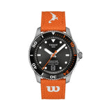 Tissot Seastar 1000 Wilson WNBA 40mm T120.807.17.051.00 front view – black dial, stainless steel case, orange and white accents, uni-directional rotating bezel with 24-second shot clock markers, orange Wilson WNBA game ball strap