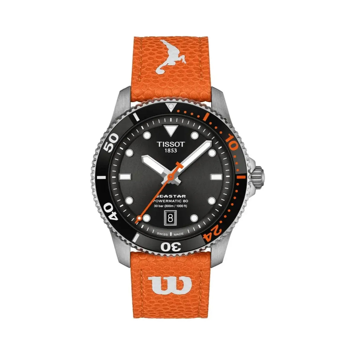 Tissot Seastar 1000 Wilson WNBA 40mm T120.807.17.051.00 front view – black dial, stainless steel case, orange and white accents, uni-directional rotating bezel with 24-second shot clock markers, orange Wilson WNBA game ball strap