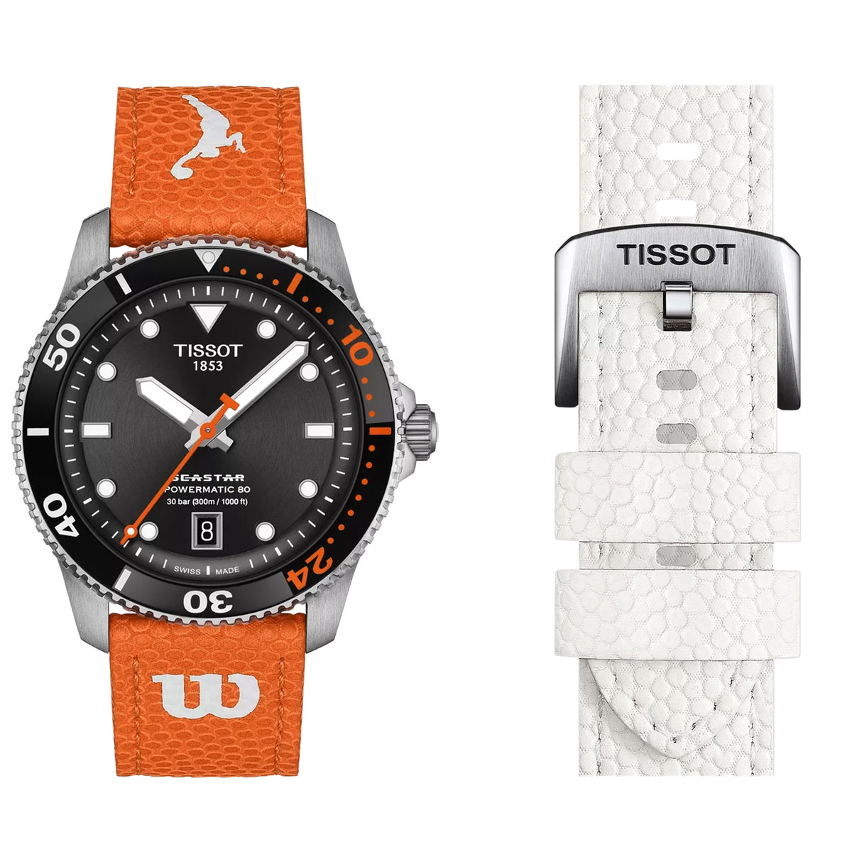 Tissot Seastar 1000 Wilson WNBA 40mm T120.807.17.051.00 shown with both included interchangeable straps — orange and white Wilson WNBA Evo-NXT premium composite game ball material straps displayed side by side