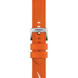 Tissot Seastar 1000 Wilson WNBA 40mm T120.807.17.051.00 strap detail – orange embossed synthetic strap made from Wilson WNBA Evo-NXT premium composite game ball material; second strap included, both with standard buckle and quick-release system