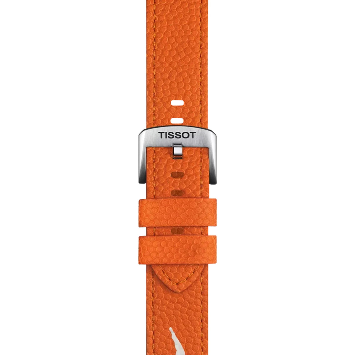 Tissot Seastar 1000 Wilson WNBA 40mm T120.807.17.051.00 strap detail – orange embossed synthetic strap made from Wilson WNBA Evo-NXT premium composite game ball material; second strap included, both with standard buckle and quick-release system
