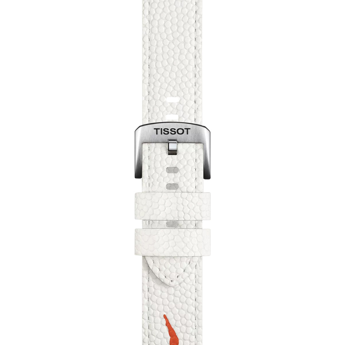 Tissot Seastar 1000 Wilson WNBA 40mm T120.807.17.051.00 strap detail – white embossed synthetic strap made from Wilson WNBA Evo-NXT premium composite game ball material; second strap included, both with standard buckle and quick-release system