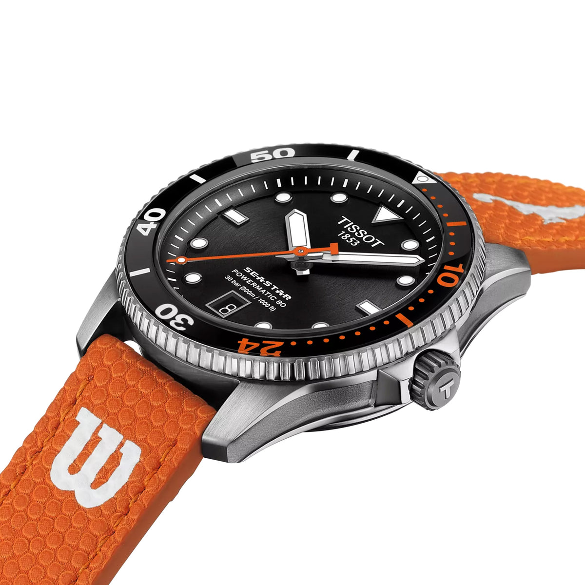 Tissot Seastar 1000 Wilson WNBA 40mm T120.807.17.051.00 three-quarter rear view – see-through screw-down caseback with silk-printed WNBA detail, Powermatic 80 movement visible, stainless steel case and orange Wilson WNBA game ball strap