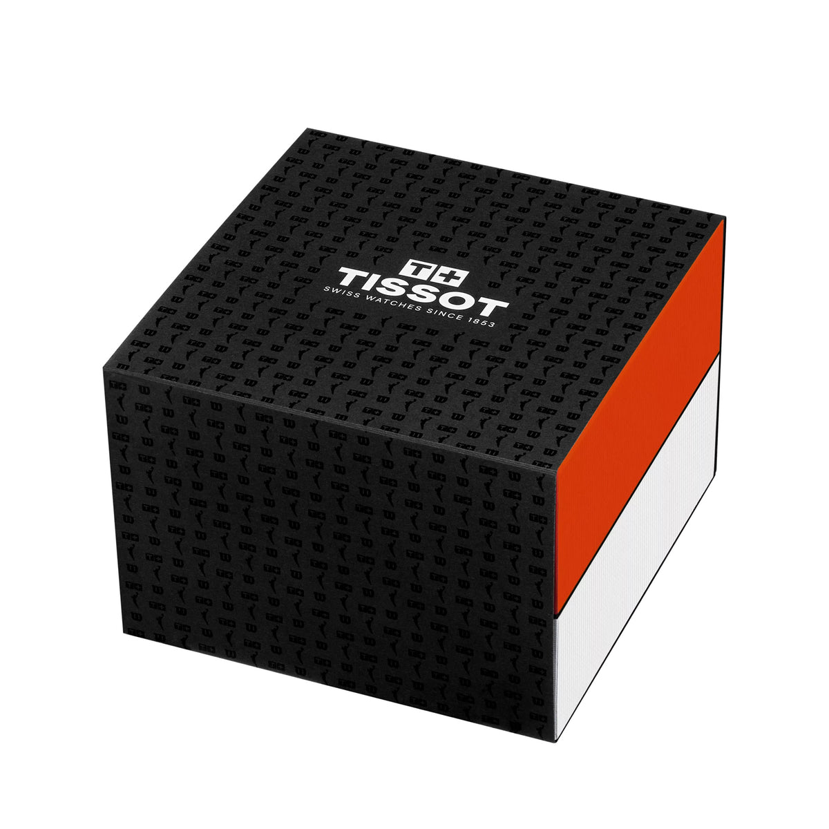 A square black Tissot gift box with a subtle repeating logo pattern, featuring a white TISSOT logo on top and a bright orange side panel, shown on a plain white background.