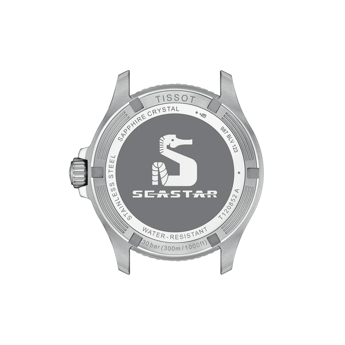 Tissot Seastar 1000 GMT 40mm T120.852.11.051.00 screw-down engraved caseback – 316L stainless steel, Swiss made, water resistant to 300m / 30 bar, model reference T120.852.11.051.00