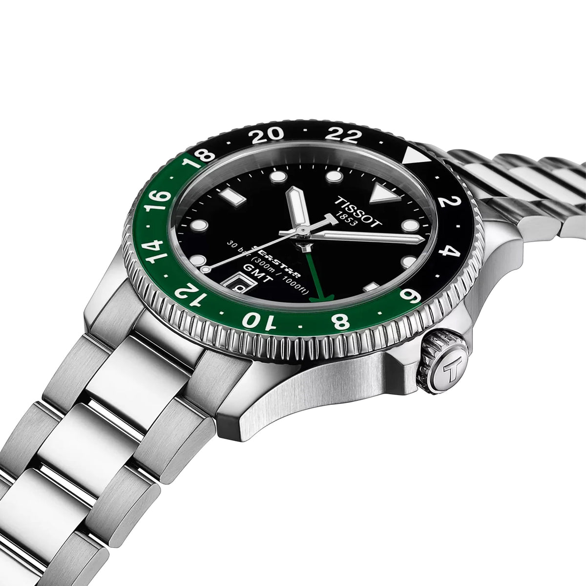 Tissot Seastar 1000 GMT 40mm T120.852.11.051.00 front view – black dial, silver stainless steel case, mineral bezel ring with 24-hour GMT scale, Super-LumiNova® index markers, date window, grey stainless steel bracelet