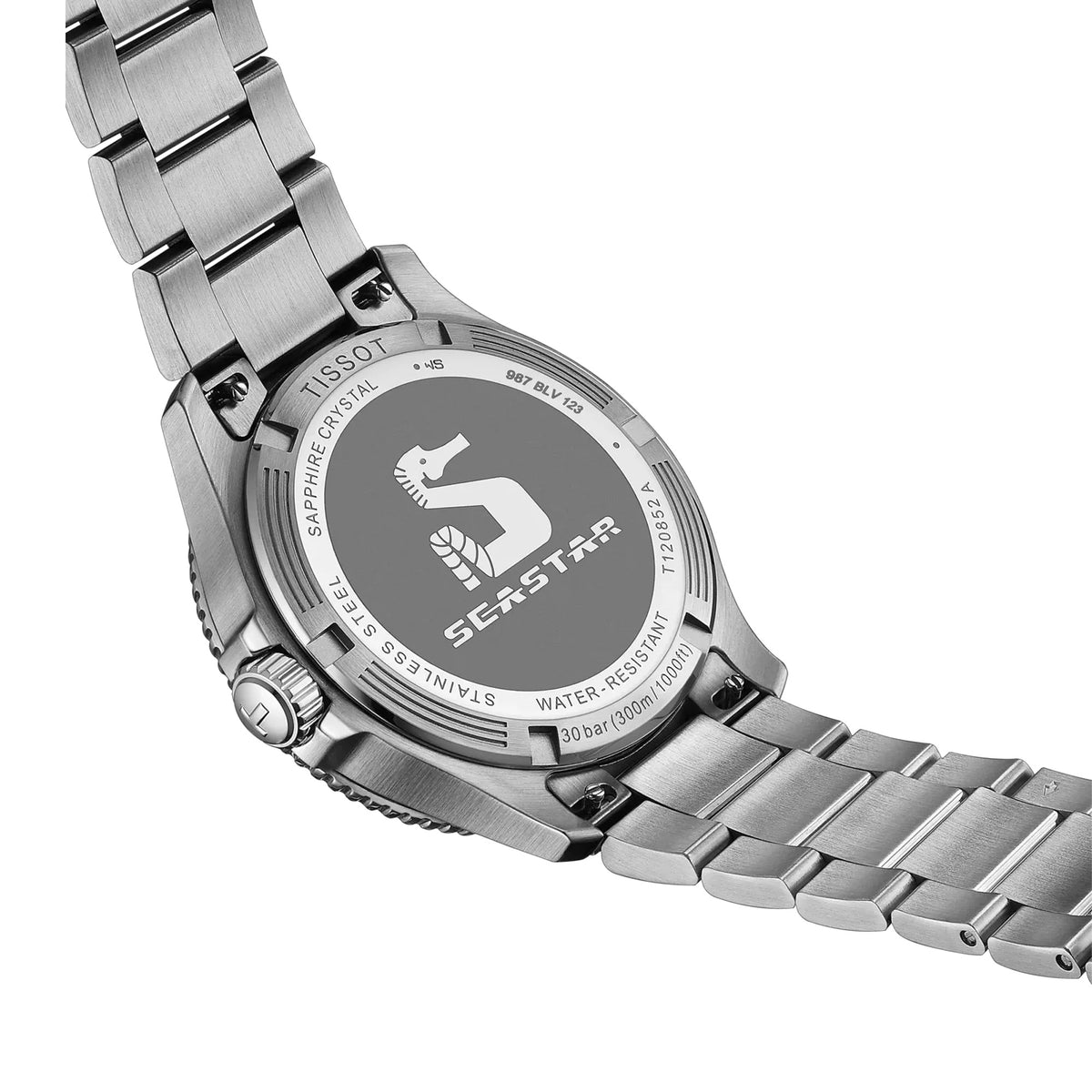 Tissot Seastar 1000 GMT 40mm T120.852.11.051.00 screw-down engraved caseback – 316L stainless steel, Swiss made, water resistant to 300m / 30 bar, model reference T120.852.11.051.00
