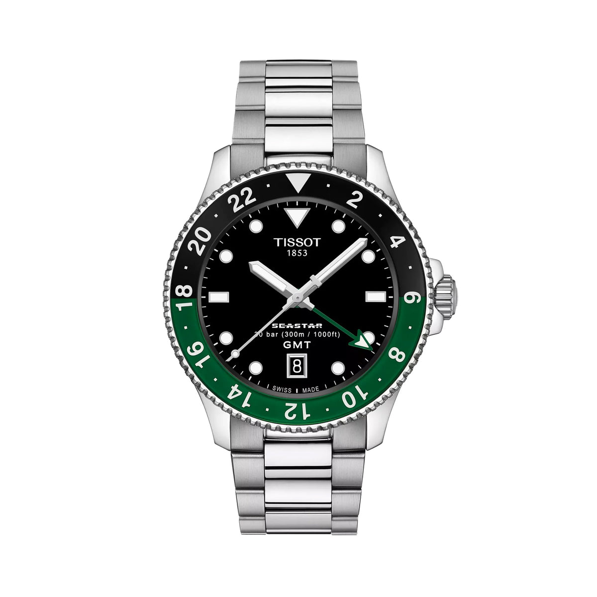 Tissot Seastar 1000 GMT 40mm T120.852.11.051.00 front view – black dial, silver stainless steel case, mineral bezel ring with 24-hour GMT scale, Super-LumiNova® index markers, date window, grey stainless steel bracelet