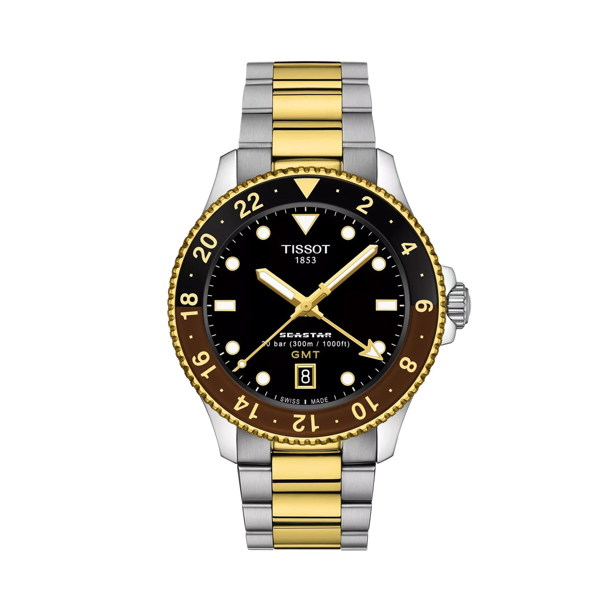 Tissot Seastar 1000 GMT 40mm T120.852.22.051.00 front view – black dial, two-tone grey and gold PVD stainless steel case, mineral bezel ring with 24-hour GMT scale, Super-LumiNova® index markers, date window, two-tone bracelet