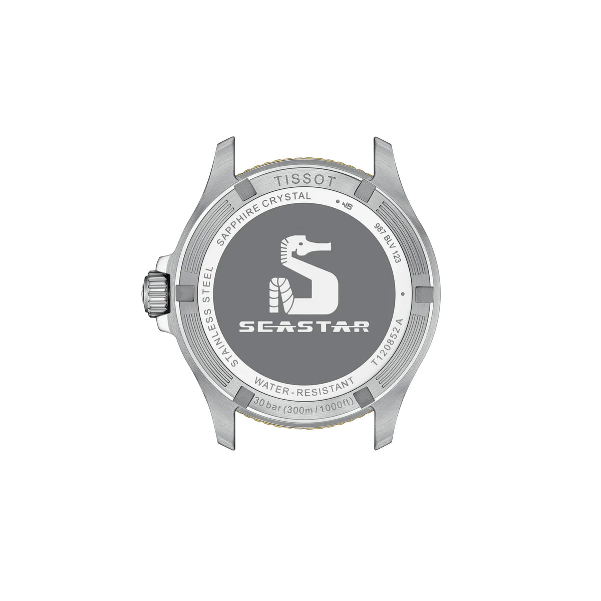 Tissot Seastar 1000 GMT 40mm T120.852.22.051.00 screw-down engraved caseback – 316L stainless steel with gold PVD coating, Swiss made, water resistant to 300m / 30 bar, model reference T120.852.22.051.00