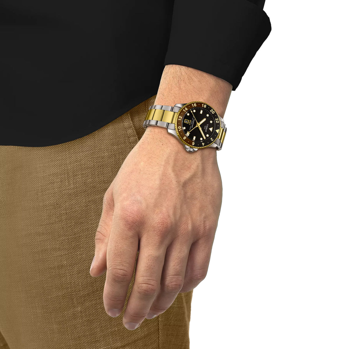 Tissot Seastar 1000 GMT 40mm T120.852.22.051.00 worn on wrist – black GMT dial, two-tone gold and grey PVD case and bracelet, bold 40mm dive sport watch shown on wrist
