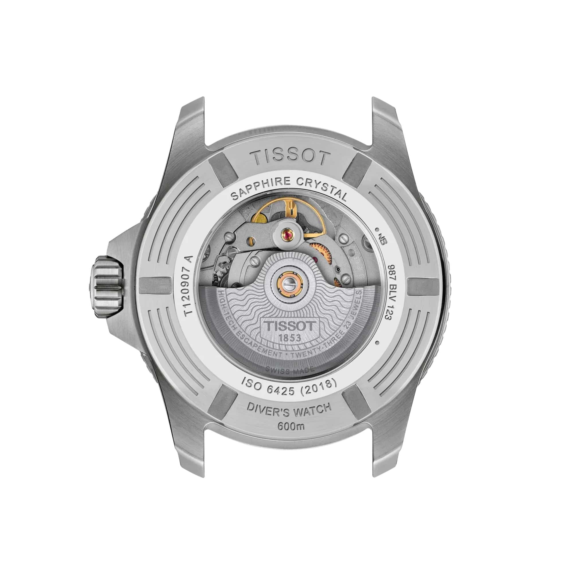 Tissot Seastar 2000 44mm T120.907.11.051.00 screw-down caseback – 316L stainless steel, Powermatic 80 automatic movement, ISO 6425:2018 certified dive watch, water resistant to 600m, Swiss made
