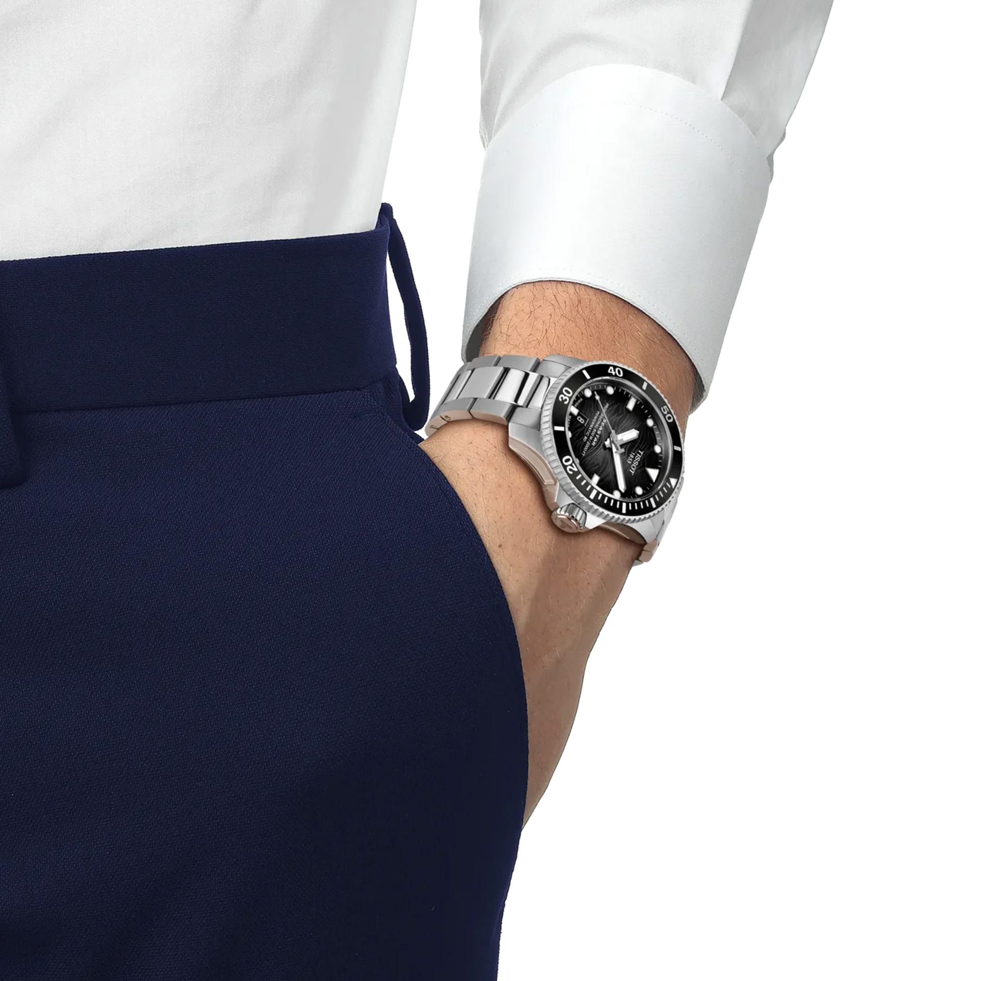 Tissot Seastar 2000 44mm T120.907.11.051.00 worn on wrist – grey gradient dial, silver stainless steel case with ceramic bezel, grey bracelet, bold 44mm professional dive watch shown on wrist