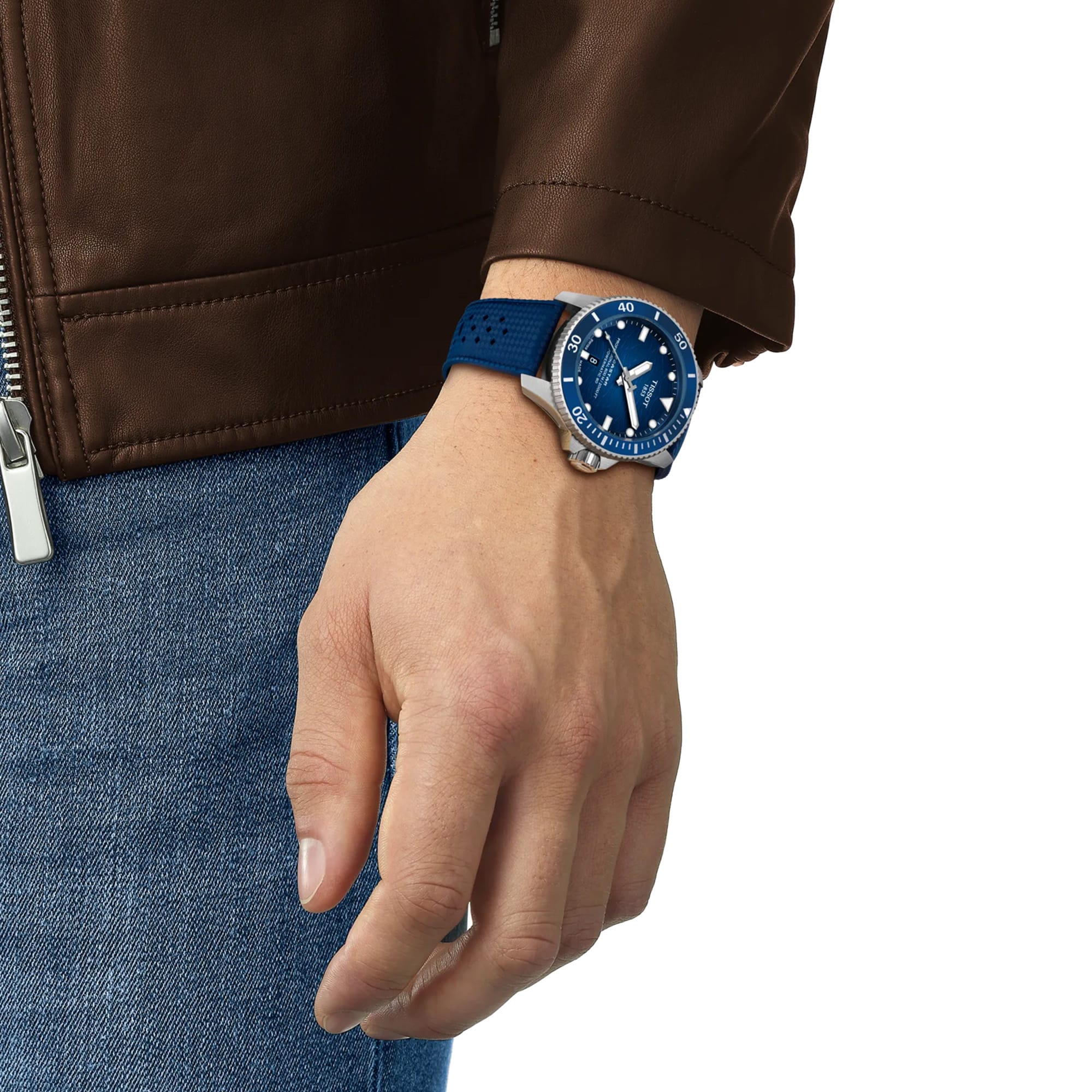 Tissot Seastar 2000 44mm T120.907.17.041.00 worn on wrist – blue gradient dial, silver stainless steel case with blue ceramic bezel, blue rubber strap, bold 44mm professional dive watch shown on wrist