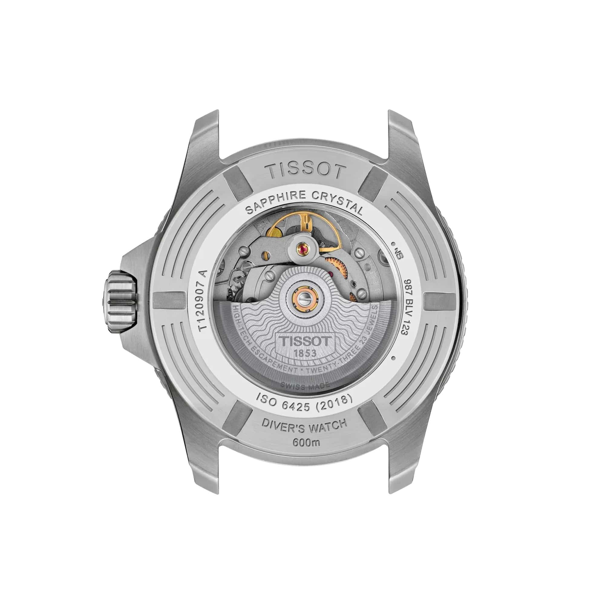 Tissot Seastar 2000 44mm T120.907.17.041.00 screw-down caseback – 316L stainless steel, Powermatic 80 automatic movement, ISO 6425:2018 certified dive watch, water resistant to 600m, Swiss made