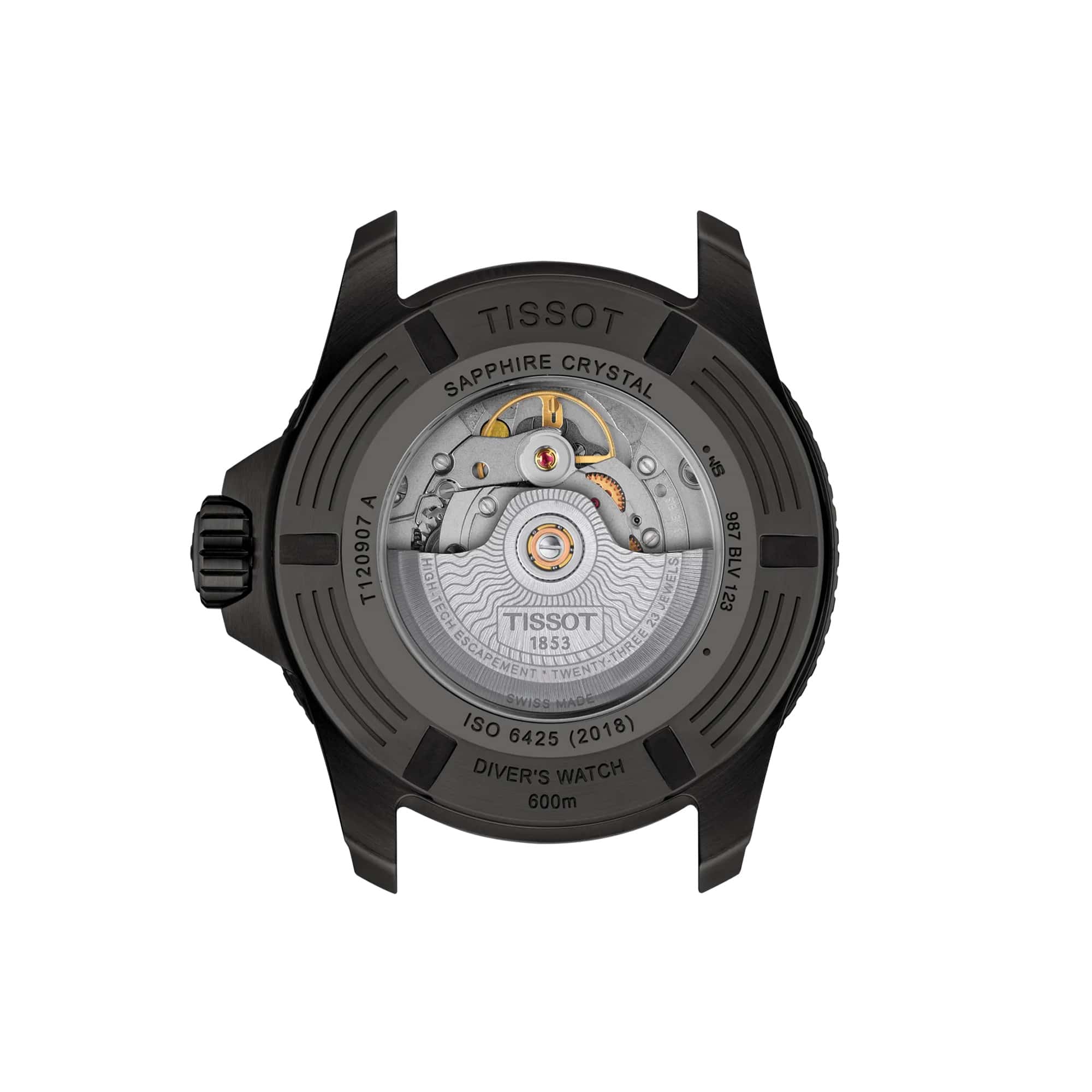Tissot Seastar 2000 44mm T120.907.37.041.00 screw-down caseback – 316L stainless steel, Powermatic 80 automatic movement, ISO 6425:2018 certified dive watch, water resistant to 600m, Swiss made