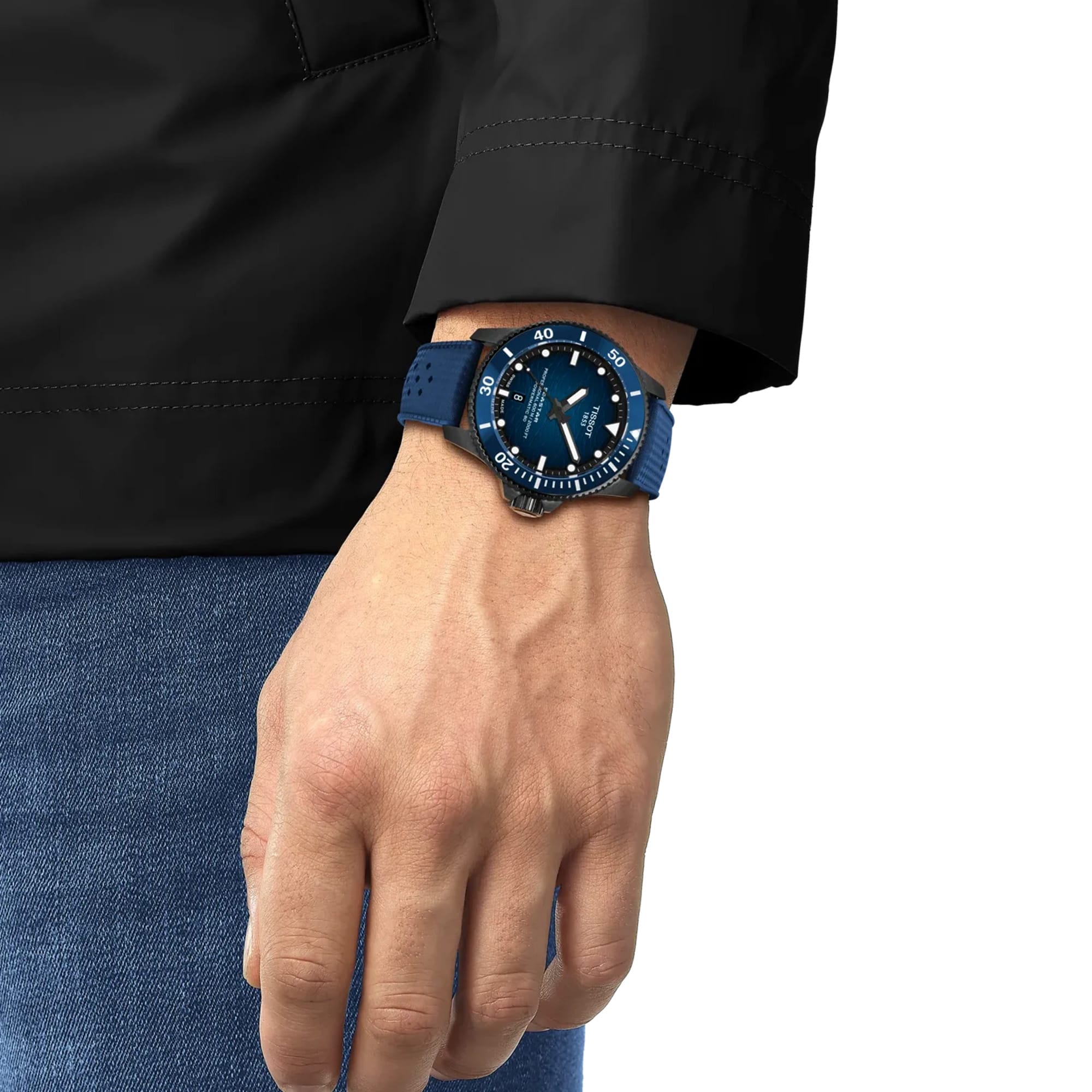 Tissot Seastar 2000 44mm T120.907.37.041.00 worn on wrist – blue gradient dial, blue PVD case with blue ceramic bezel, blue rubber strap, bold 44mm professional dive watch shown on wrist