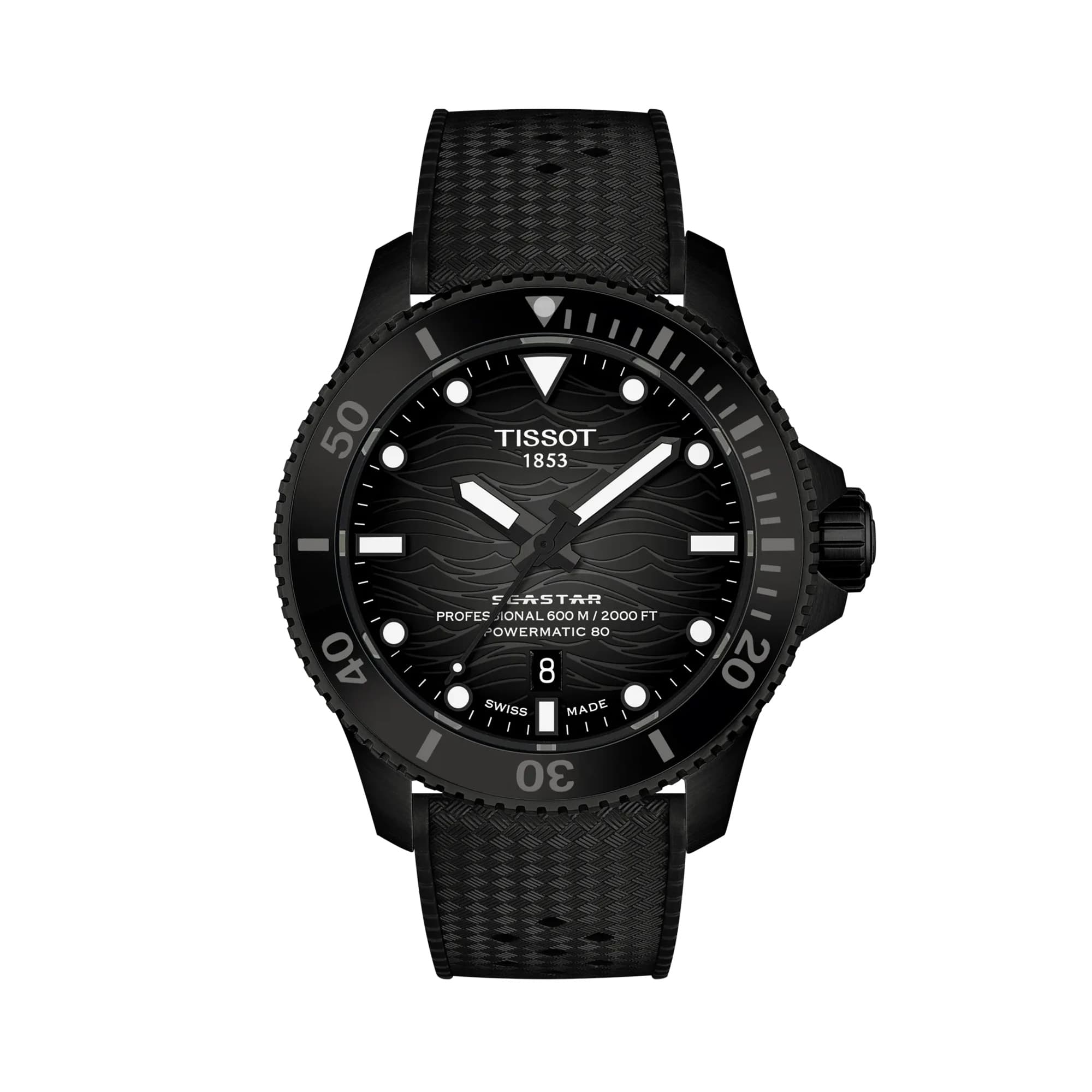 Tissot Seastar 2000 44mm T120.907.37.051.00 front view – grey gradient dial, black PVD stainless steel case, black ceramic anti-clockwise rotating bezel, Super-LumiNova® hour markers, black rubber strap