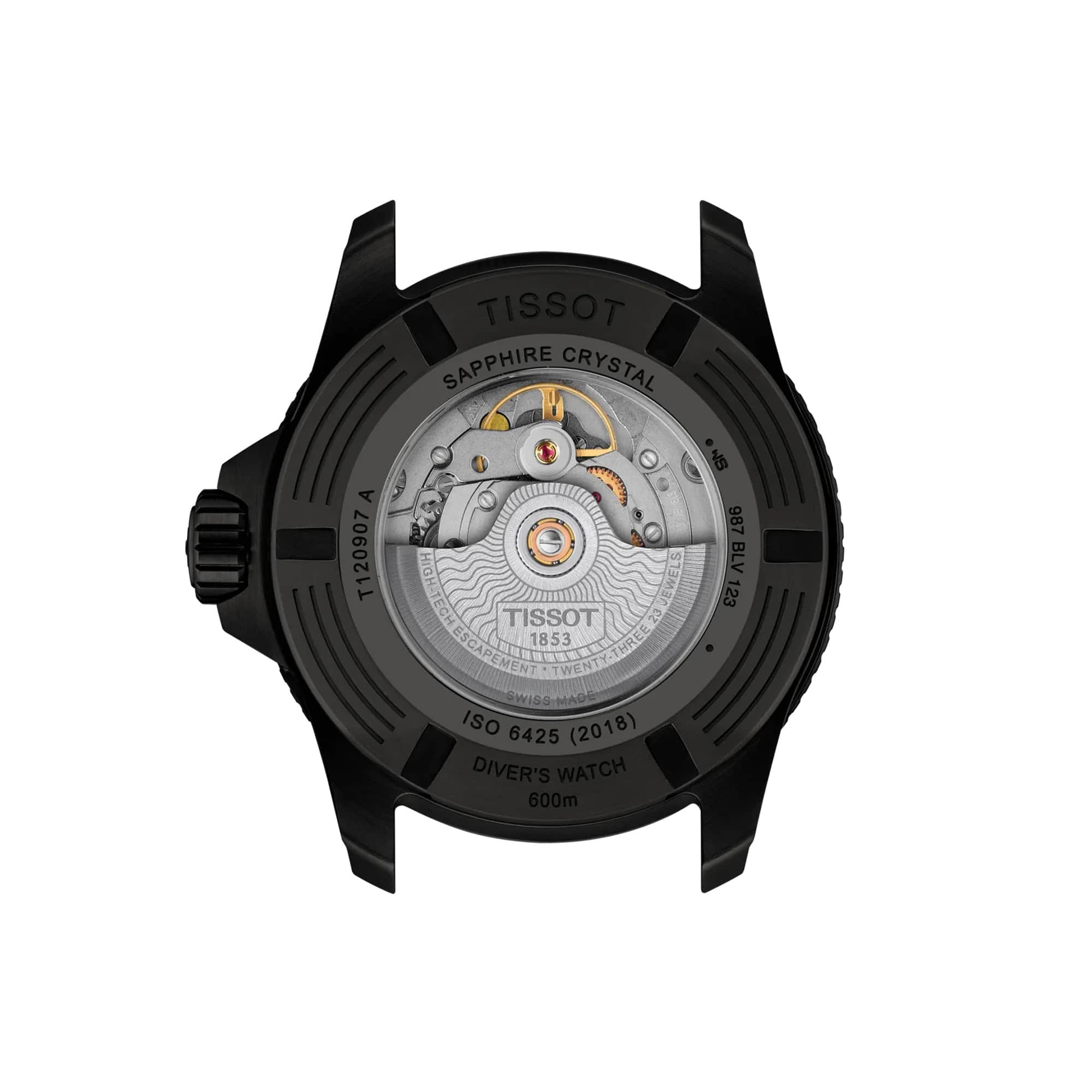 Tissot Seastar 2000 44mm T120.907.37.051.00 screw-down caseback – 316L stainless steel with black PVD coating, Powermatic 80 automatic movement, ISO 6425:2018 certified dive watch, water resistant to 600m, Swiss made