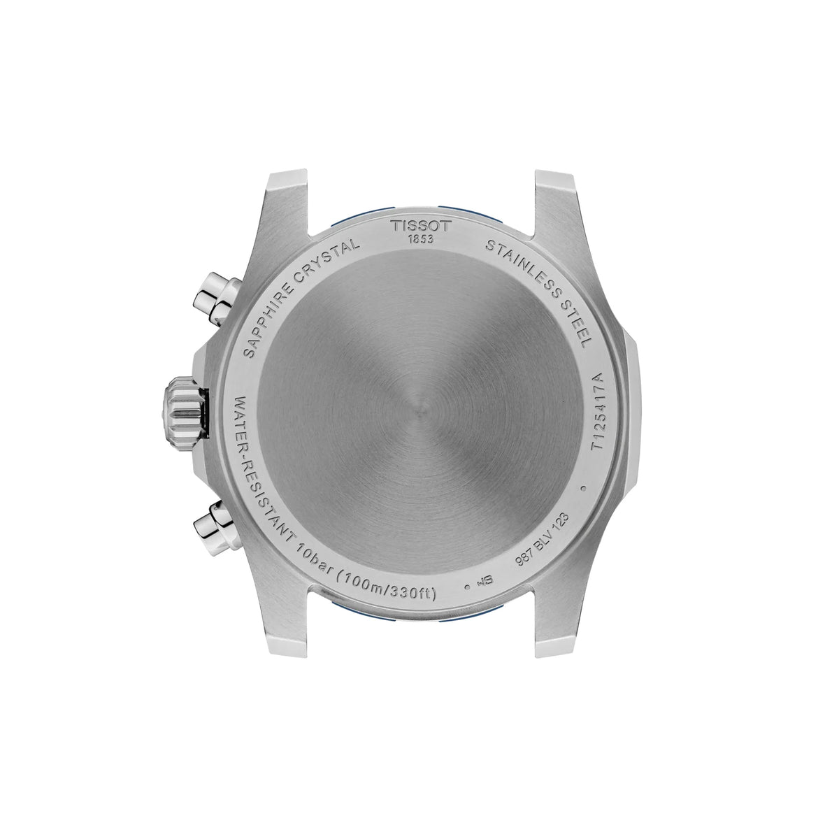 Tissot Supersport Chrono 42mm T125.417.11.041.00 caseback view – 316L stainless steel, Swiss made, water resistant to 100m, model reference T125.417.11.041.00