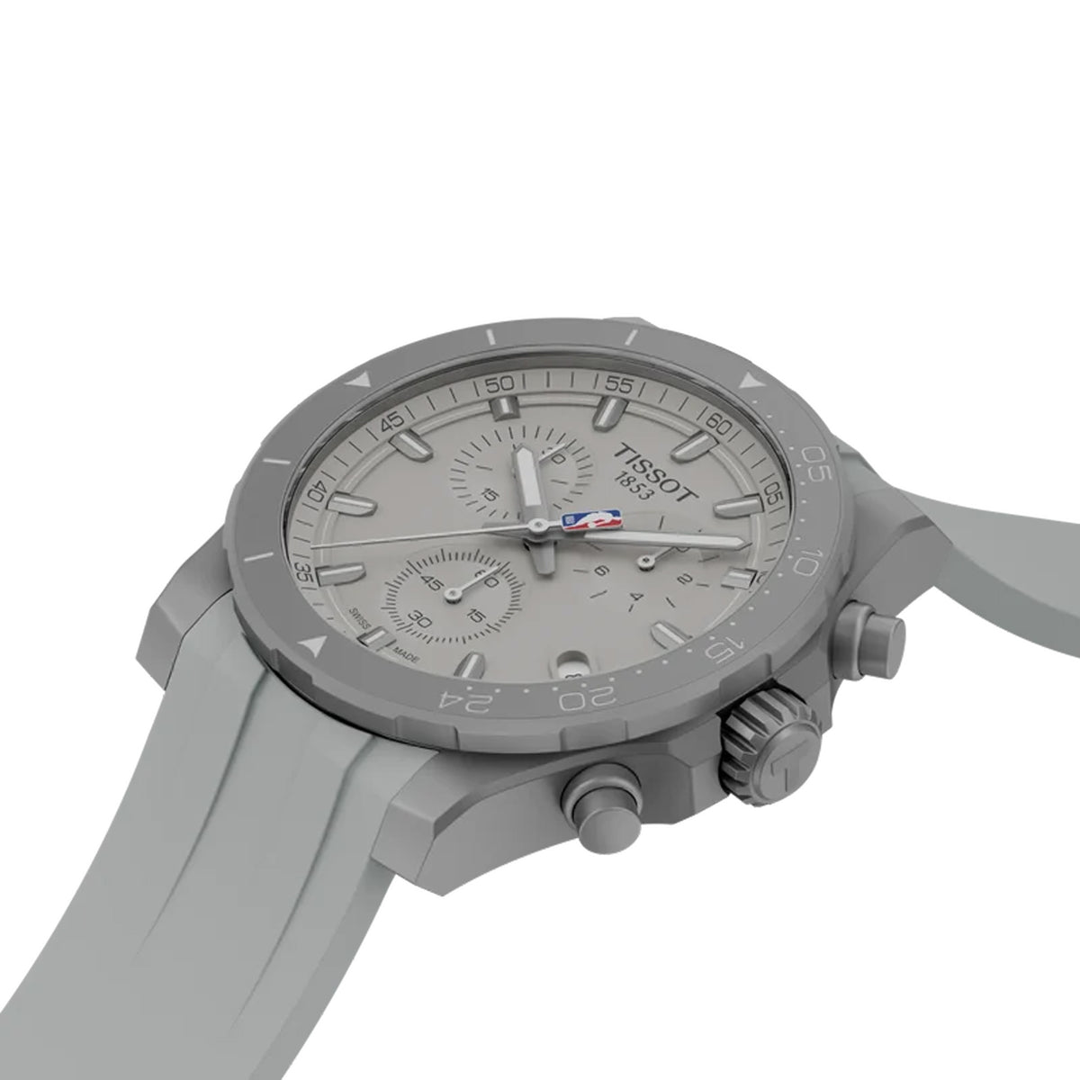 Tissot Supersport NBA 2026 42mm T125.417.17.031.00 side profile – 316L stainless steel case, chronograph pushers, sapphire crystal, sporty 11.27mm profile, grey rubber strap
