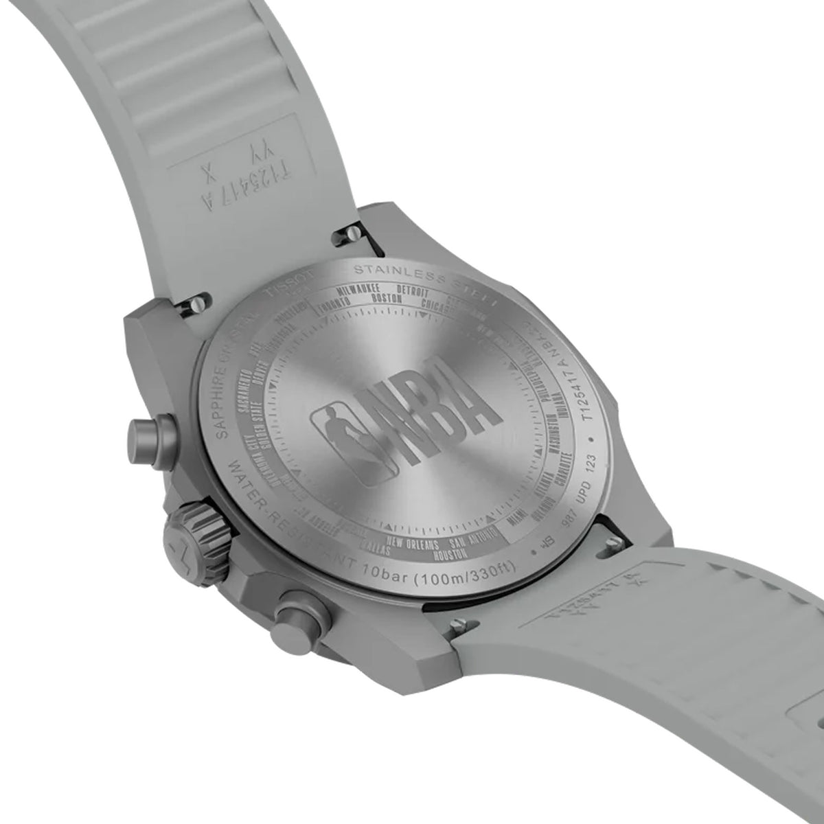 Tissot Supersport NBA 2026 42mm T125.417.17.031.00 caseback view – 316L stainless steel caseback engraved with the official NBA logo, Swiss made quartz chronograph movement, water resistant to 100m