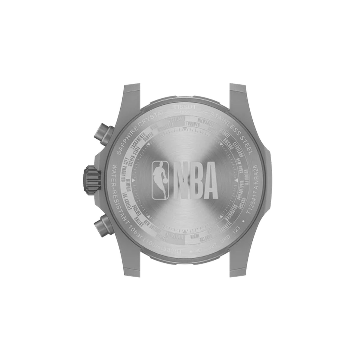 Tissot Supersport NBA 2026 42mm T125.417.17.031.00 caseback view – 316L stainless steel caseback engraved with the official NBA logo, Swiss made quartz chronograph movement, water resistant to 100m