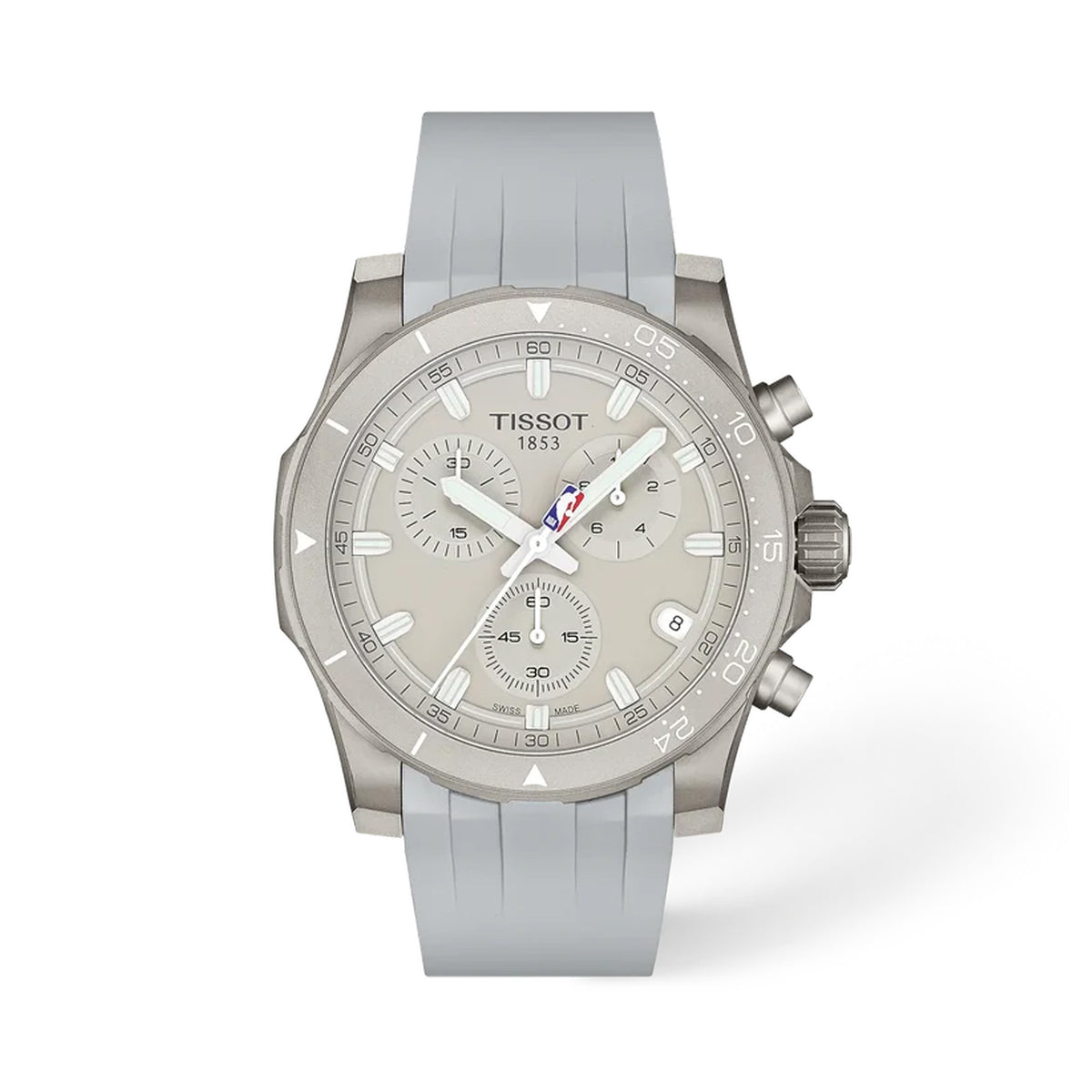 Tissot Supersport NBA 2026 42mm T125.417.17.031.00 front view – grey dial, 316L stainless steel case, bezel with 24-second shot clock markers, chronograph subdials, date at 4 o’clock, miniature NBA logo on central seconds hand, grey rubber strap