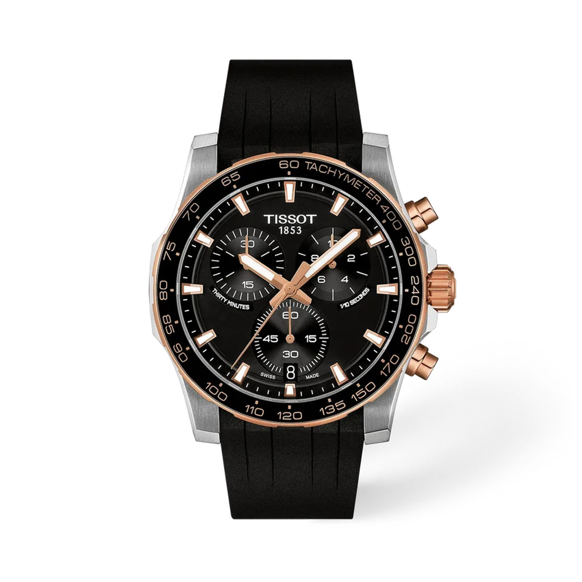 Tissot Supersport Chrono 42mm T125.417.27.051.00 front view – black dial, bicolour rose gold PVD stainless steel case, aluminium bezel ring, chronograph subdials, Super-LumiNova® hands, date window, silicone strap