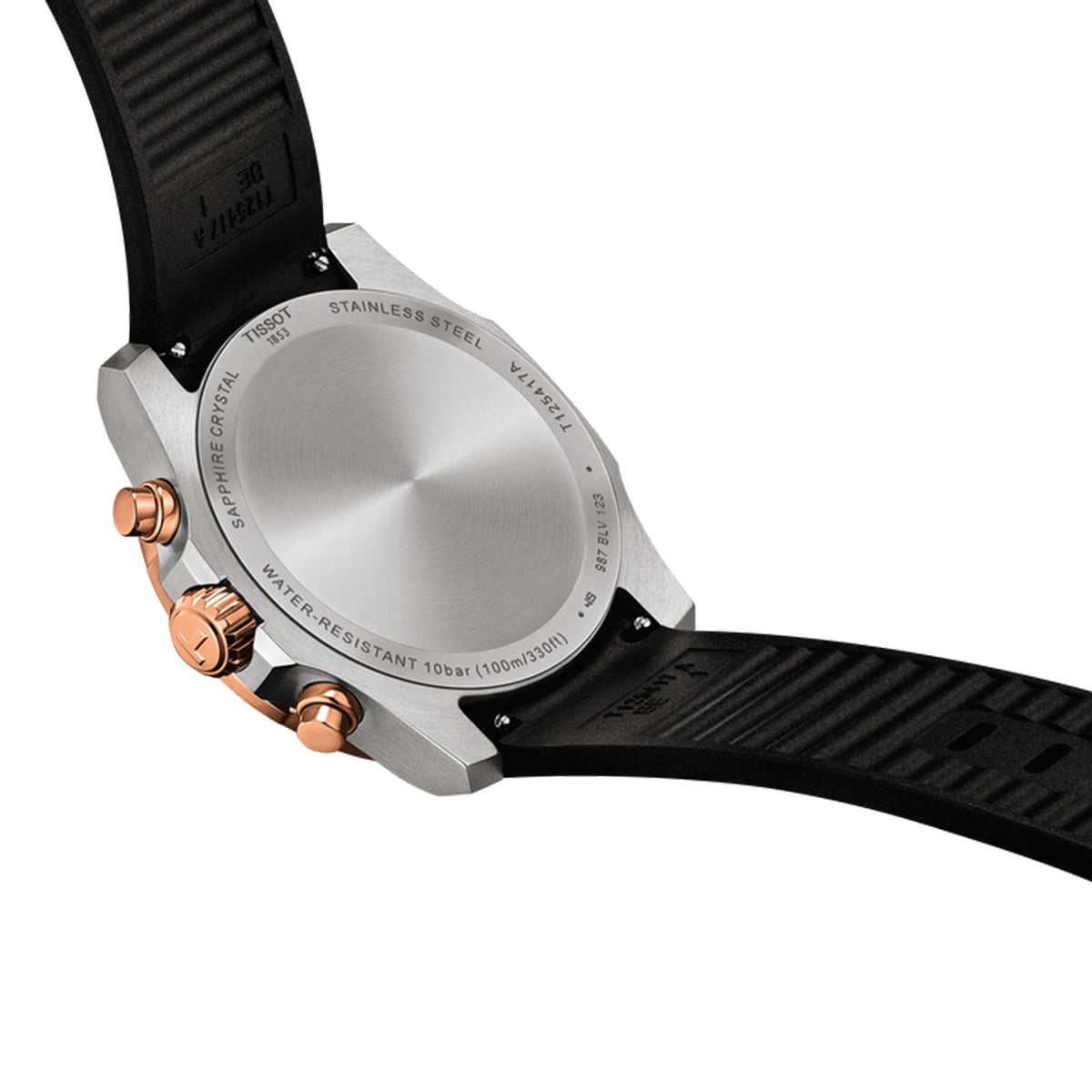 Tissot Supersport Chrono 42mm T125.417.27.051.00 caseback view – 316L stainless steel, Swiss made quartz chronograph movement, water resistant to 100m, model reference T125.417.27.051.00