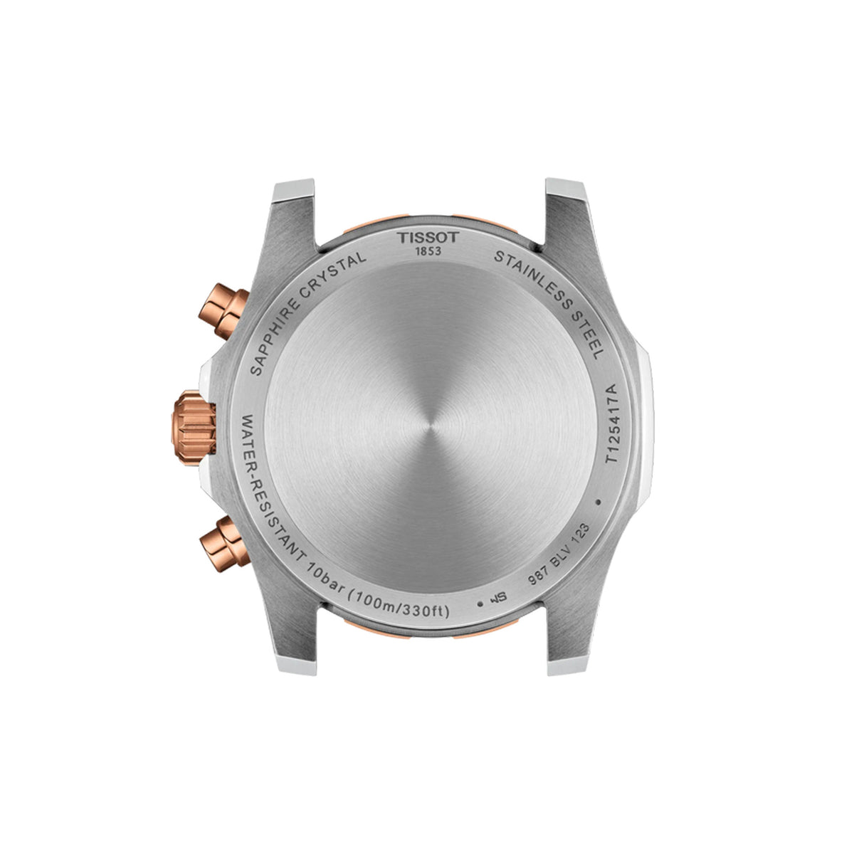 Tissot Supersport Chrono 42mm T125.417.27.051.00 caseback view – 316L stainless steel, Swiss made quartz chronograph movement, water resistant to 100m, model reference T125.417.27.051.00