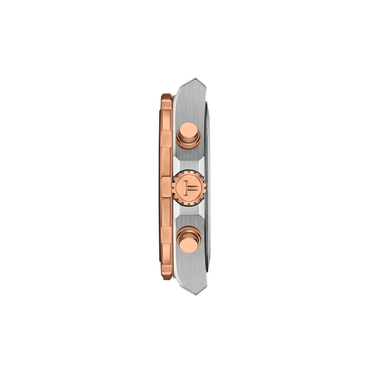 Tissot Supersport Chrono 42mm T125.417.27.051.00 side profile – 316L stainless steel case with rose gold PVD coating, chronograph pushers, sapphire crystal with antireflective coating, angular sport profile