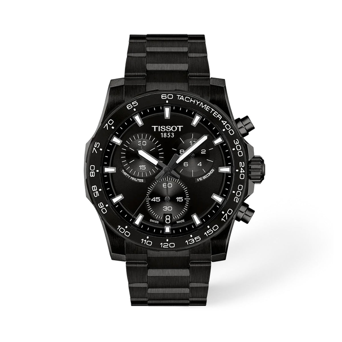 Tissot Supersport Chrono 42mm T125.417.33.051.00 front view – black dial, black PVD stainless steel case, aluminium bezel ring, chronograph subdials, Super-LumiNova® hands, date window, stainless steel bracelet