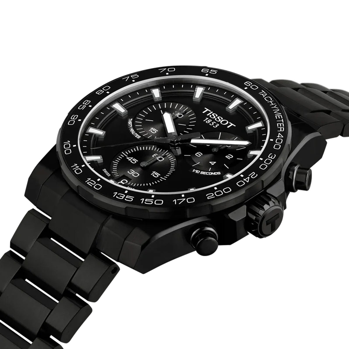 Tissot Supersport Chrono 42mm T125.417.33.051.00 side profile – 316L stainless steel case with black PVD coating, chronograph pushers, sapphire crystal with antireflective coating, angular sport profile