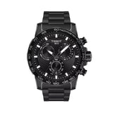 Tissot Supersport Chrono 45.5mm T125.617.33.051.00 front view – black dial, black PVD stainless steel case, aluminium tachymeter bezel, Super-LumiNova® index markers, chronograph subdials, date window, black PVD bracelet