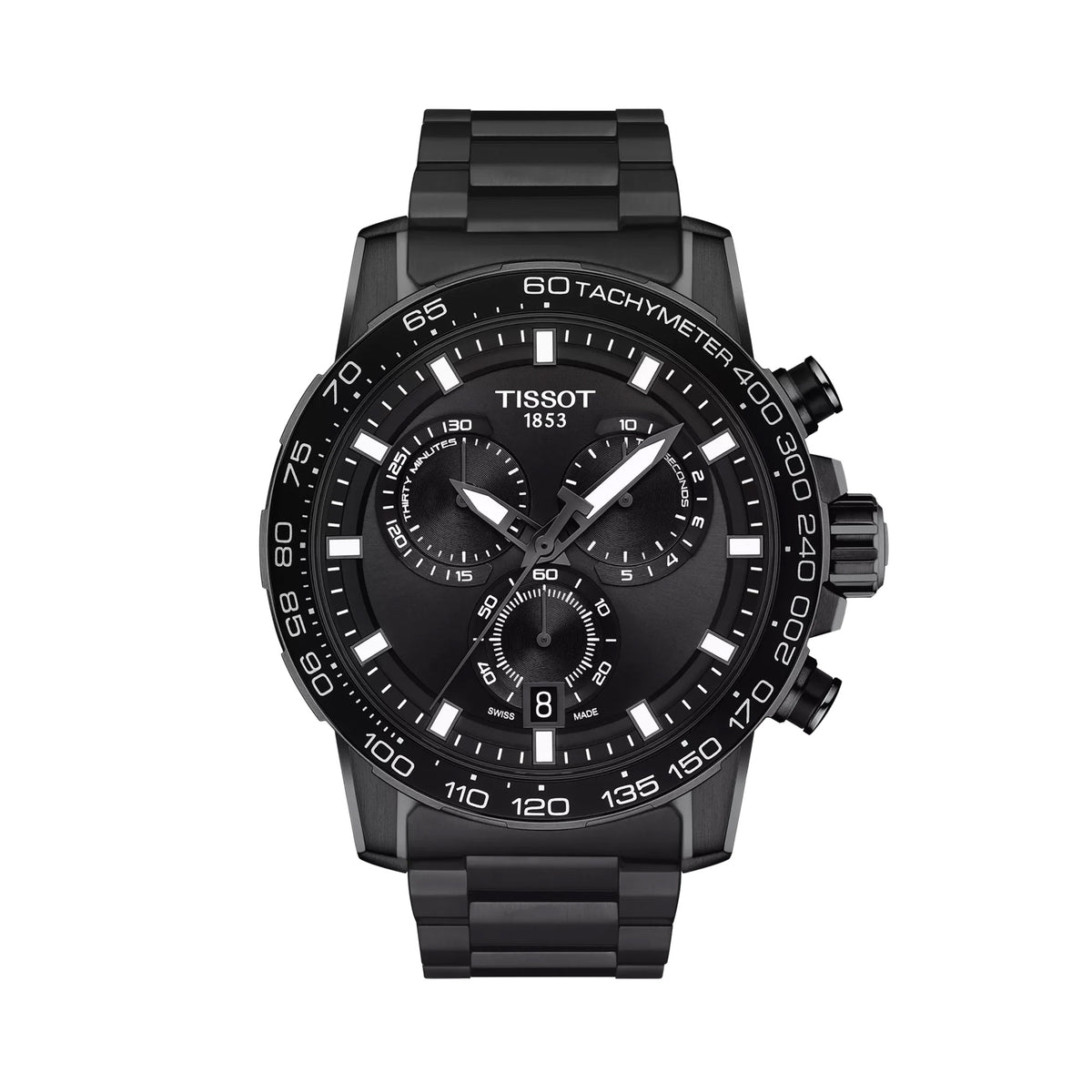 Tissot Supersport Chrono 45.5mm T125.617.33.051.00 front view – black dial, black PVD stainless steel case, aluminium tachymeter bezel, Super-LumiNova® index markers, chronograph subdials, date window, black PVD bracelet
