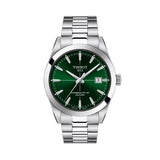 Tissot Gentleman 40mm T127.407.11.091.01 front view – green dial, silver 316L stainless steel case, index hour markers, Super-LumiNova® hands, date window, grey stainless steel bracelet
