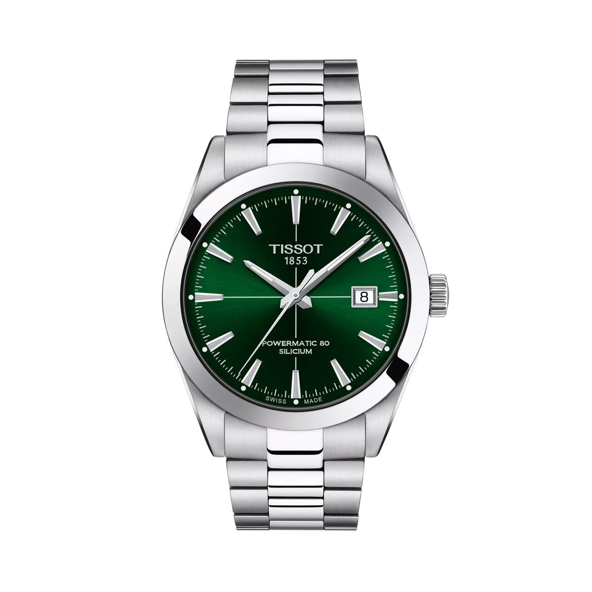 Tissot Gentleman 40mm T127.407.11.091.01 front view – green dial, silver 316L stainless steel case, index hour markers, Super-LumiNova® hands, date window, grey stainless steel bracelet